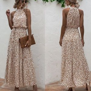 Boho cream brown dot belted halter maxi dress